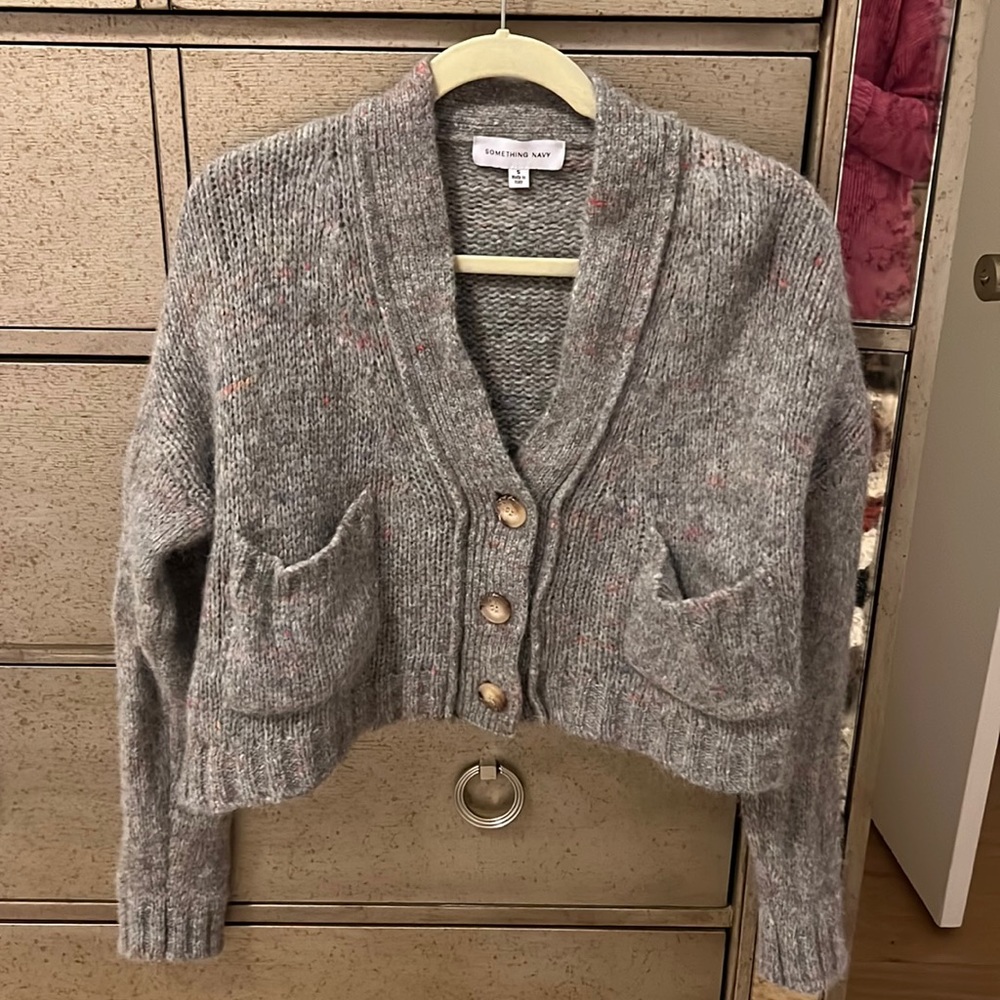 Something Navy Cropped Gray Cardigan Sweater